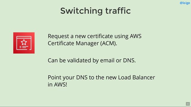 Switching traffic
@loige
Request a new certiﬁcate using AWS
Certiﬁcate Manager (ACM).
Can be validated by email or DNS.
Point your DNS to the new Load Balancer
in AWS!
85

