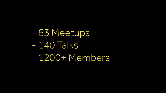 - 63 Meetups
- 140 Talks
- 1200+ Members
