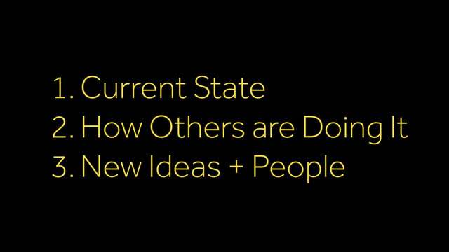 1.Current State
2.How Others are Doing It
3.New Ideas + People
