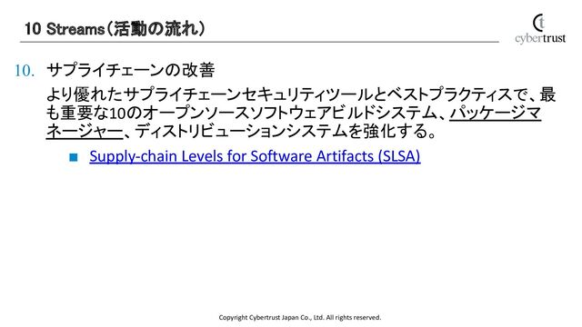 Copyright Cybertrust Japan Co., Ltd. All rights reserved.
10. サプライチェーンの改善
より優れたサプライチェーンセキュリティツールとベストプラクティスで、最
も重要な10のオープンソースソフトウェアビルドシステム、パッケージマ
ネージャー、ディストリビューションシステムを強化する。
■ Supply-chain Levels for Software Artifacts (SLSA)
10 Streams（活動の流れ） 
