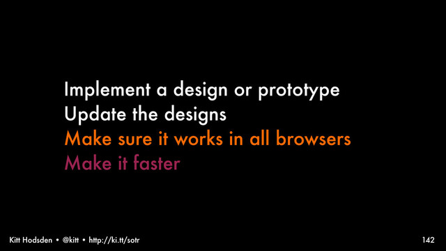 Kitt Hodsden • @kitt • http://ki.tt/sotr
Implement a design or prototype
Update the designs
Make sure it works in all browsers
Make it faster
142
