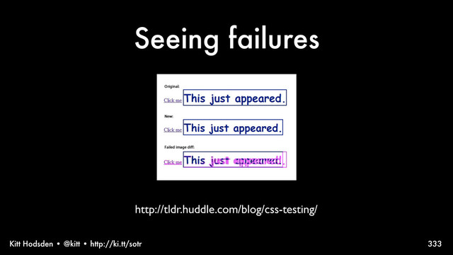 Kitt Hodsden • @kitt • http://ki.tt/sotr
Seeing failures
333
http://tldr.huddle.com/blog/css-testing/
