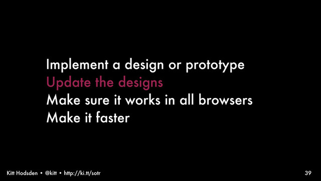 Kitt Hodsden • @kitt • http://ki.tt/sotr
Implement a design or prototype
Update the designs
Make sure it works in all browsers
Make it faster
39
