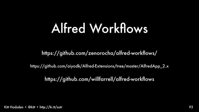 Kitt Hodsden • @kitt • http://ki.tt/sotr 93
https://github.com/zenorocha/alfred-workﬂows/
https://github.com/aiyodk/Alfred-Extensions/tree/master/AlfredApp_2.x
https://github.com/willfarrell/alfred-workﬂows
Alfred Workﬂows
