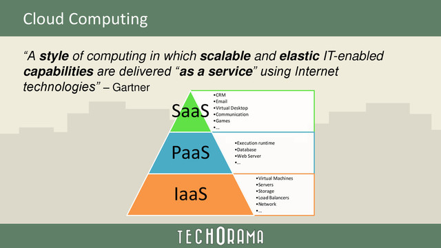 Cloud Computing
“A style of computing in which scalable and elastic IT-enabled
capabilities are delivered “as a service” using Internet
technologies” – Gartner
•CRM
•Email
•Virtual Desktop
•Communication
•Games
•...
SaaS
•Execution runtime
•Database
•Web Server
•…
PaaS
•Virtual Machines
•Servers
•Storage
•Load Balancers
•Network
•…
IaaS
