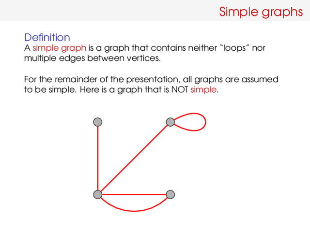 Simple graphs
Deﬁnition
A simple graph is a graph that contains neither “loops” nor
multiple edges between vertices.
For the remainder of the presentation, all graphs are assumed
to be simple. Here is a graph that is NOT simple.

