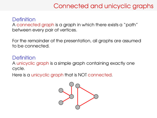 Connected and unicyclic graphs
Deﬁnition
A connected graph is a graph in which there exists a “path”
between every pair of vertices.
For the remainder of the presentation, all graphs are assumed
to be connected.
Deﬁnition
A unicyclic graph is a simple graph containing exactly one
cycle.
Here is a unicyclic graph that is NOT connected.
