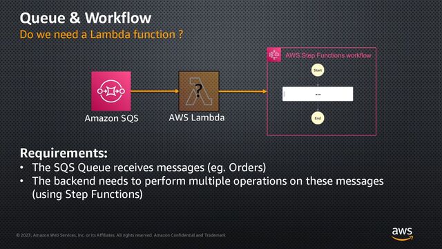 © 2023, Amazon Web Services, Inc. or its Affiliates. All rights reserved. Amazon Confidential and Trademark
Queue & Workflow
Do we need a Lambda function ?
Requirements:
• The SQS Queue receives messages (eg. Orders)
• The backend needs to perform multiple operations on these messages
(using Step Functions)
Amazon SQS AWS Lambda
?
AWS Step Functions workflow
