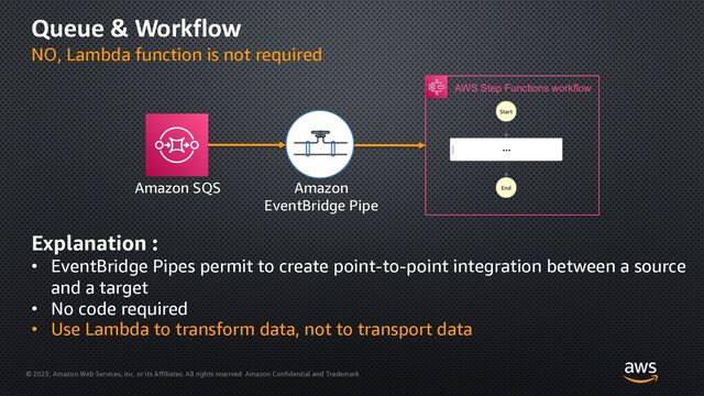 © 2023, Amazon Web Services, Inc. or its Affiliates. All rights reserved. Amazon Confidential and Trademark
Queue & Workflow
NO, Lambda function is not required
Explanation :
• EventBridge Pipes permit to create point-to-point integration between a source
and a target
• No code required
• Use Lambda to transform data, not to transport data
Amazon SQS
AWS Step Functions workflow
Amazon
EventBridge Pipe
