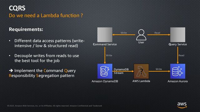 © 2023, Amazon Web Services, Inc. or its Affiliates. All rights reserved. Amazon Confidential and Trademark
CQRS
Do we need a Lambda function ?
Requirements:
• Different data access patterns (write-
intensive / low & structured read)
• Decouple writes from reads to use
the best tool for the job
è Implement the Command Query
Responsibility Segregation pattern
Amazon DynamoDB Amazon Aurora
AWS Lambda
?
DynamoDB
Stream
User
Query Service
Command Service
Write Read
Write Read
Write
