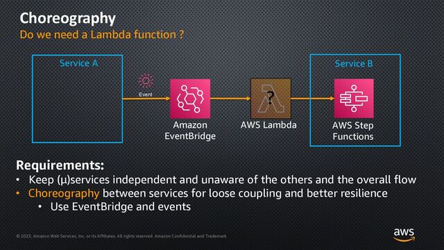 © 2023, Amazon Web Services, Inc. or its Affiliates. All rights reserved. Amazon Confidential and Trademark
Choreography
Do we need a Lambda function ?
Requirements:
• Keep (µ)services independent and unaware of the others and the overall flow
• Choreography between services for loose coupling and better resilience
• Use EventBridge and events
AWS Lambda
?
Amazon
EventBridge
Service A
Event
AWS Step
Functions
Service B
