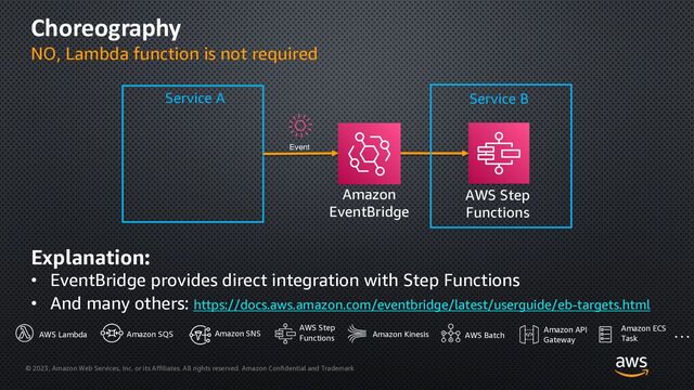 © 2023, Amazon Web Services, Inc. or its Affiliates. All rights reserved. Amazon Confidential and Trademark
Choreography
NO, Lambda function is not required
Explanation:
• EventBridge provides direct integration with Step Functions
• And many others: https://docs.aws.amazon.com/eventbridge/latest/userguide/eb-targets.html
Amazon
EventBridge
Service A
Event
AWS Step
Functions
Service B
AWS Lambda Amazon SQS Amazon SNS
AWS Step
Functions Amazon Kinesis AWS Batch
Amazon API
Gateway
Amazon ECS
Task
…
