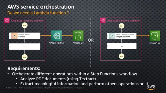 © 2023, Amazon Web Services, Inc. or its Affiliates. All rights reserved. Amazon Confidential and Trademark
AWS service orchestration
Do we need a Lambda function ?
AWS Step Functions workflow
Amazon S3
?
AWS Step Functions workflow
Amazon S3
Amazon Textract
Requirements:
• Orchestrate different operations within a Step Functions workflow
• Analyze PDF documents (using Textract)
• Extract meaningful information and perform others operations on it
OR
