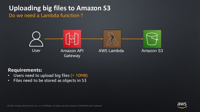 © 2023, Amazon Web Services, Inc. or its Affiliates. All rights reserved. Amazon Confidential and Trademark
Uploading big files to Amazon S3
Do we need a Lambda function ?
Amazon S3
Amazon API
Gateway
AWS Lambda
?
Requirements:
• Users need to upload big files (> 10MB)
• Files need to be stored as objects in S3
User
