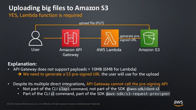 © 2023, Amazon Web Services, Inc. or its Affiliates. All rights reserved. Amazon Confidential and Trademark
Uploading big files to Amazon S3
YES, Lambda function is required
Amazon S3
Amazon API
Gateway
AWS Lambda
User
upload file (PUT)
generate pre-
signed URL
Explanation:
• API Gateway does not support payloads > 10MB (6MB for Lambda)
è We need to generate a S3 pre-signed URL the user will use for the upload
• Despite its multiple direct integrations, API Gateway cannot call the pre-signing API
• Not part of the CLI s3api command, not part of the SDK @aws-sdk/client-s3
• Part of the CLI s3 command, part of the SDK @aws-sdk/s3-request-presigner
