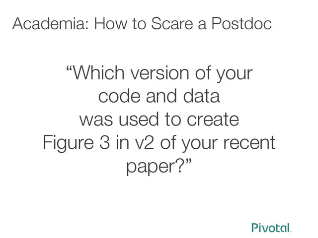 Academia: How to Scare a Postdoc
“Which version of your 
code and data 
was used to create 
Figure 3 in v2 of your recent
paper?”
