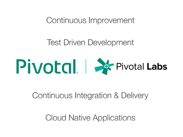 Test Driven Development
Continuous Integration & Delivery
Continuous Improvement
Cloud Native Applications
