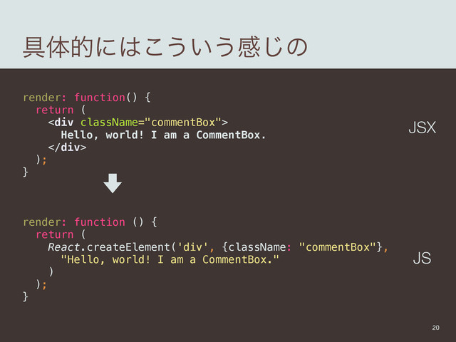 ۩ମతʹ͸͜͏͍͏ײ͡ͷ
render: function() { 
return ( 
<div> 
Hello, world! I am a CommentBox. 
</div> 
); 
}
 
render: function () { 
return ( 
React.createElement('div', {className: "commentBox"}, 
"Hello, world! I am a CommentBox." 
) 
); 
}
20
JSX
JS
