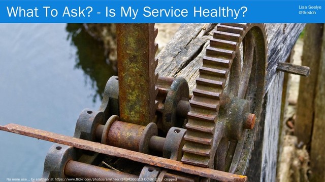 Lisa Seelye
@thedoh
What To Ask? - Is My Service Healthy?
20
No more use... by smithser at https://www.flickr.com/photos/smithser/3434266313 CC-BY 2.0 / cropped
