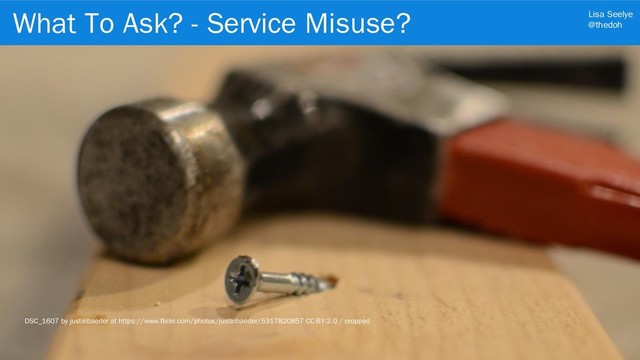 Lisa Seelye
@thedoh
What To Ask? - Service Misuse?
21
DSC_1607 by justinbaeder at https://www.flickr.com/photos/justinbaeder/5317820857 CC-BY-2.0 / cropped
