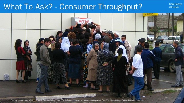 Lisa Seelye
@thedoh
23
The big queue at an ATM in Masalli, Azerbaijan by Ds02006 at https://commons.wikimedia.org/wiki/File:ATM_Masalli.jpg / Public Domain / cropped
What To Ask? - Consumer Throughput?

