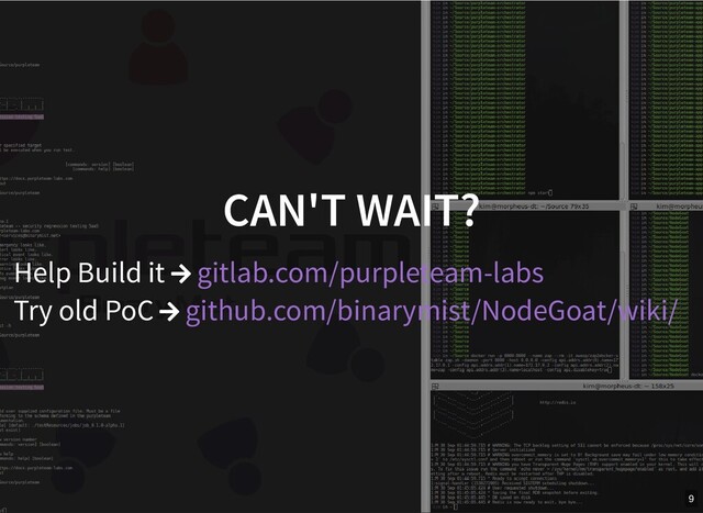 CAN'T WAIT?
CAN'T WAIT?
Help Build it  gitlab.com/purpleteam-labs
Try old PoC  github.com/binarymist/NodeGoat/wiki/
9
