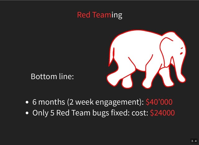 Bottom line:
Red Teaming
6 months (2 week engagement): $40’000
Only 5 Red Team bugs fixed: cost: $24000
3 . 4
