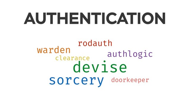AUTHENTICATION
rodauth
warden authlogic
clearance
devise
doorkeeper
sorcery
