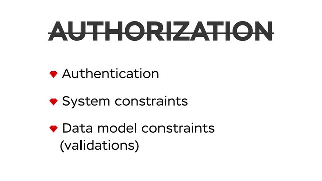 Authentication
System constraints
Data model constraints
(validations)
AUTHORIZATION
