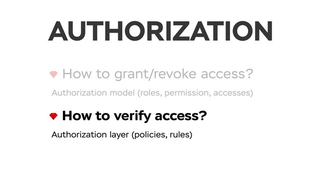 How to grant/revoke access?
Authorization model (roles, permission, accesses)
How to verify access?
Authorization layer (policies, rules)
AUTHORIZATION
How to verify access?
Authorization layer (policies, rules)
