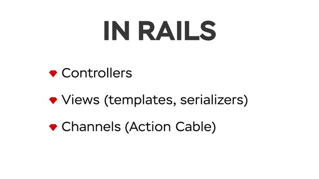 IN RAILS
Controllers
Views (templates, serializers)
Channels (Action Cable)

