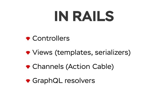 IN RAILS
Controllers
Views (templates, serializers)
Channels (Action Cable)
GraphQL resolvers
