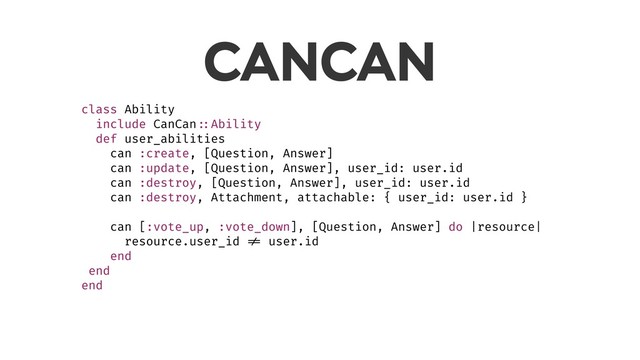 CANCAN
class Ability
include CanCan ::Ability
def user_abilities
can :create, [Question, Answer]
can :update, [Question, Answer], user_id: user.id
can :destroy, [Question, Answer], user_id: user.id
can :destroy, Attachment, attachable: { user_id: user.id }
can [:vote_up, :vote_down], [Question, Answer] do |resource|
resource.user_id != user.id
end
end
end
