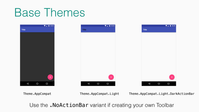 Base Themes
Theme.AppCompat.Light.DarkActionBar
Theme.AppCompat.Light
Theme.AppCompat
Use the .NoActionBar variant if creating your own Toolbar
