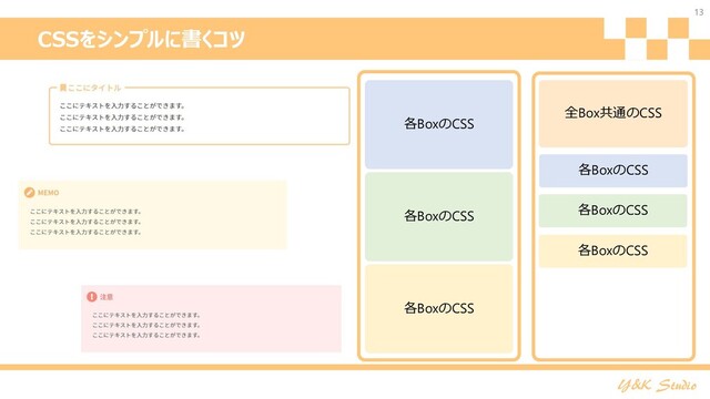 Y&K Studio
CSSをシンプルに書くコツ
13
全Box共通のCSS
各BoxのCSS
各BoxのCSS
各BoxのCSS
各BoxのCSS
各BoxのCSS
各BoxのCSS

