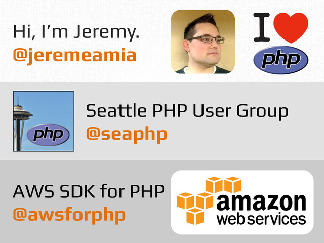 Hi, I’m Jeremy.!
@jeremeamia!
Seattle PHP User Group!
@seaphp!
AWS SDK for PHP!
@awsforphp!
