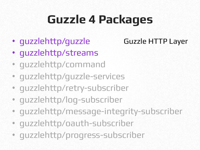 Guzzle 4 Packages!
•  guzzlehttp/guzzle!
•  guzzlehttp/streams!
•  guzzlehttp/command!
•  guzzlehttp/guzzle-services!
•  guzzlehttp/retry-subscriber!
•  guzzlehttp/log-subscriber!
•  guzzlehttp/message-integrity-subscriber!
•  guzzlehttp/oauth-subscriber!
•  guzzlehttp/progress-subscriber!
Guzzle HTTP Layer!
