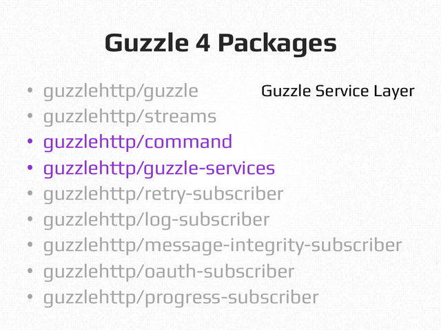 Guzzle 4 Packages!
•  guzzlehttp/guzzle!
•  guzzlehttp/streams!
•  guzzlehttp/command!
•  guzzlehttp/guzzle-services!
•  guzzlehttp/retry-subscriber!
•  guzzlehttp/log-subscriber!
•  guzzlehttp/message-integrity-subscriber!
•  guzzlehttp/oauth-subscriber!
•  guzzlehttp/progress-subscriber!
Guzzle Service Layer!
