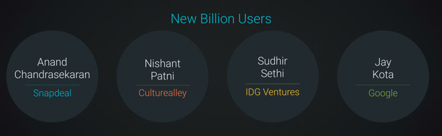 New Billion Users
IDG Ventures
Culturealley Google
Nishant
Patni
Sudhir
Sethi
Jay
Kota
Snapdeal
Anand
Chandrasekaran
