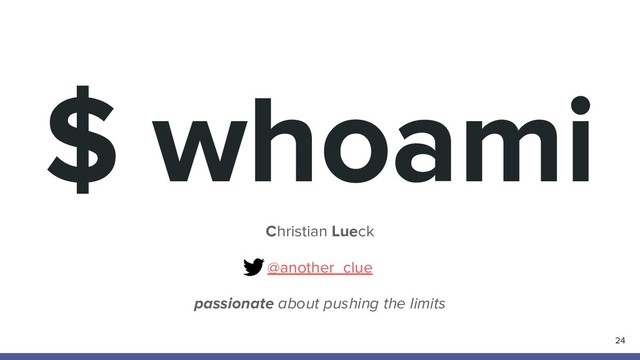 $ whoami
Christian Lueck
@another_clue
passionate about pushing the limits
24
