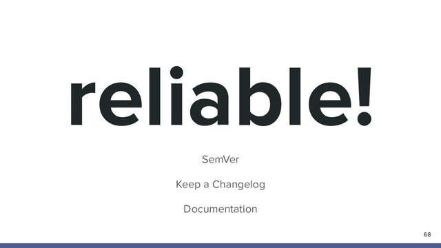 reliable!
SemVer
Keep a Changelog
Documentation
68
