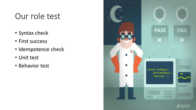 Our role test
• Syntax check
• First success
• Idempotence check
• Unit test
• Behavior test
