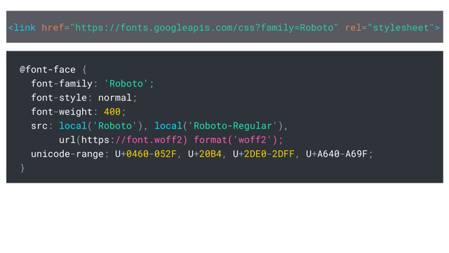 
@font-face {
font-family: 'Roboto';
font-style: normal;
font-weight: 400;
src: local('Roboto'), local('Roboto-Regular'),
url(https://font.woff2) format('woff2');
unicode-range: U+0460-052F, U+20B4, U+2DE0-2DFF, U+A640-A69F;
}
