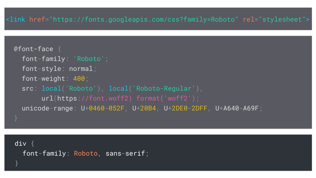 
@font-face {
font-family: 'Roboto';
font-style: normal;
font-weight: 400;
src: local('Roboto'), local('Roboto-Regular'),
url(https://font.woff2) format('woff2');
unicode-range: U+0460-052F, U+20B4, U+2DE0-2DFF, U+A640-A69F;
}
div {
font-family: Roboto, sans-serif;
}
