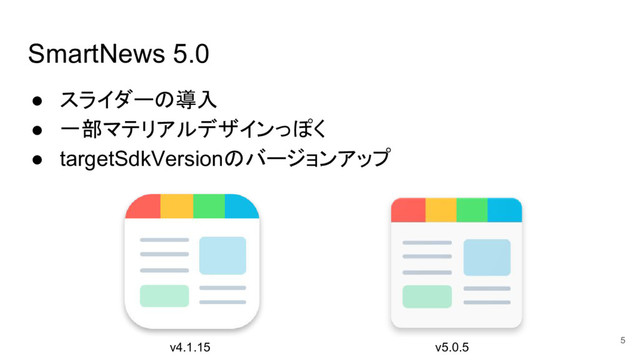 SmartNews 5.0
● スライダーの導入
● 一部マテリアルデザインっぽく
● targetSdkVersionのバージョンアップ
v4.1.15 v5.0.5 5
