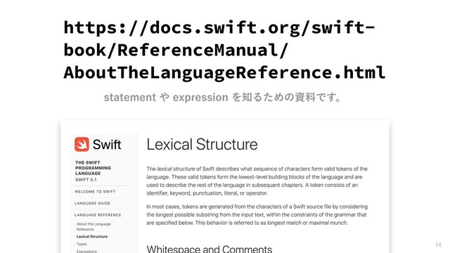 https://docs.swift.org/swift-
book/ReferenceManual/
AboutTheLanguageReference.html
14
TUBUFNFOU΍FYQSFTTJPOΛ஌ΔͨΊͷࢿྉͰ͢ɻ
