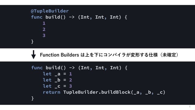 6
@TupleBuilder
func build() -> (Int, Int, Int) {
1
2
3
}
func build() -> (Int, Int, Int) {
let _a = 1
let _b = 2
let _c = 3
return TupleBuilder.buildBlock(_a, _b, _c)
}
'VODUJPO#VJMEFST͸্ΛԼʹίϯύΠϥ͕มܗ͢Δ࢓༷ʢະ֬ఆʣ
