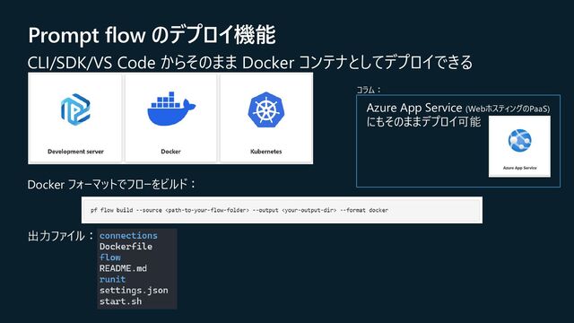 Prompt flow のデプロイ機能
CLI/SDK/VS Code からそのまま Docker コンテナとしてデプロイできる
Azure App Service (WebホスティングのPaaS)
にもそのままデプロイ可能
Docker フォーマットでフローをビルド：
出力ファイル：
コラム：

