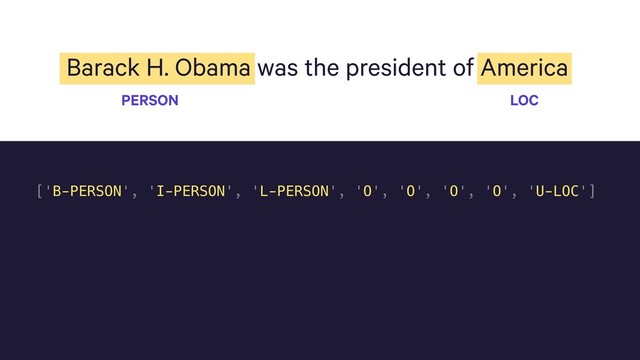 Barack H. Obama was the president of America
PERSON LOC
['B-PERSON', 'I-PERSON', 'L-PERSON', 'O', 'O', 'O', 'O', 'U-LOC']
